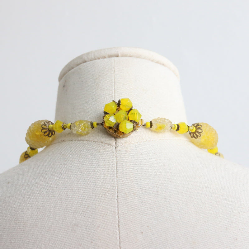"Sicilian Yellow Miriam Haskell" Vintage 1950's Sicilian Yellow Glass Sugar Bead Necklace