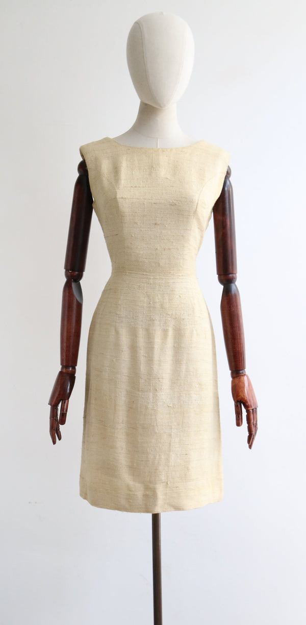 "Gardenia Silk" Vintage 1950's Gardenia Cream Raw Silk Dress UK 10 US 6