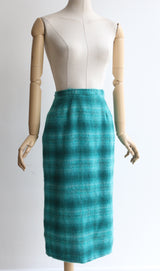 “Aqua Mohair" Vintage 1950's Aqua Check Print Mohair Skirt UK 6-8 US 2-4
