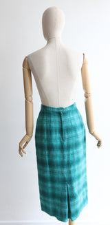 “Aqua Mohair" Vintage 1950's Aqua Check Print Mohair Skirt UK 6-8 US 2-4