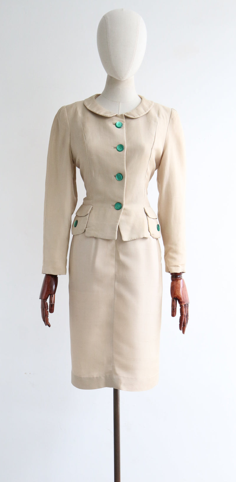 "Cream Silk & Green Details" Vintage 1960's Cream Silk & Green Button Skirt Suit UK 8 US 4