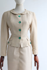 "Cream Silk & Green Details" Vintage 1960's Cream Silk & Green Button Skirt Suit UK 8 US 4