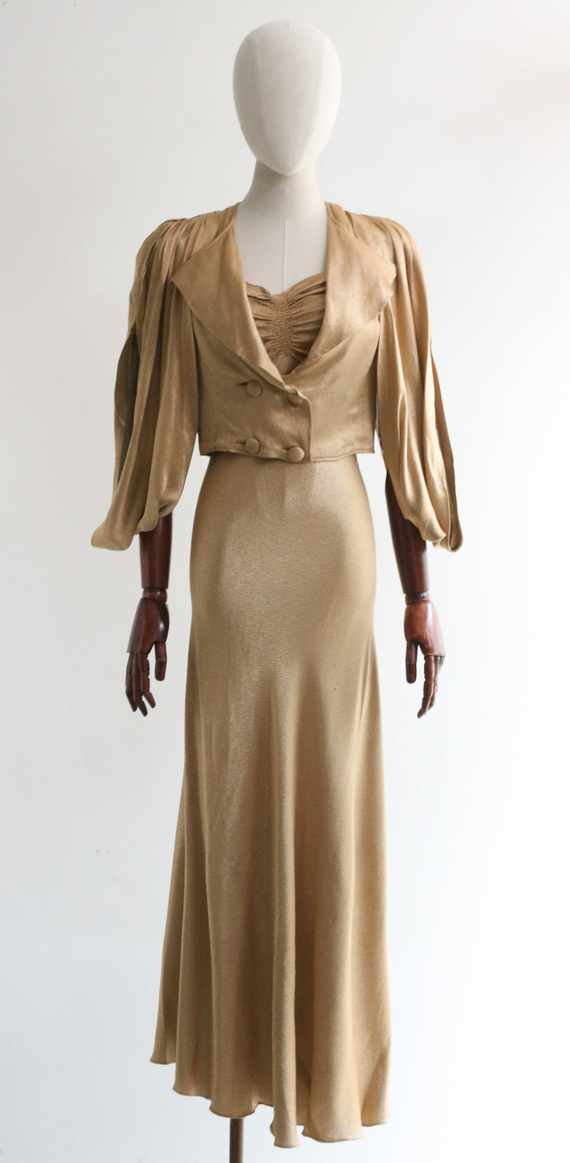 "Liquid Gold" Vintage 1930's Gold Satin Dress & Jacket UK 6-8 US 2-4