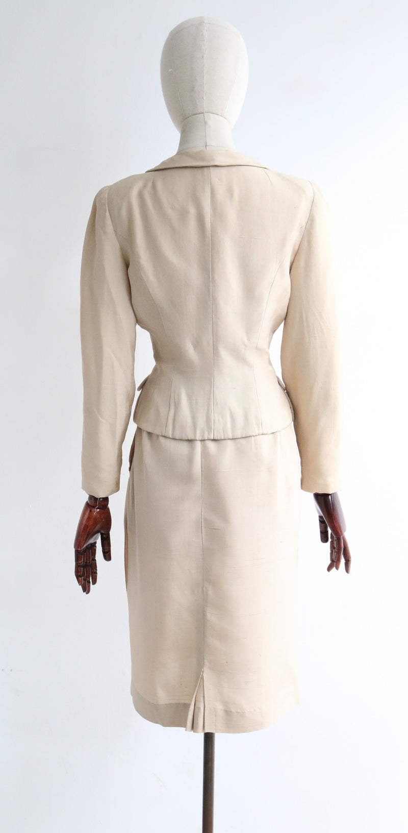 "Cream Silk & Green Details" Vintage 1960's Cream Silk & Green Button Skirt Suit UK 8 US 4