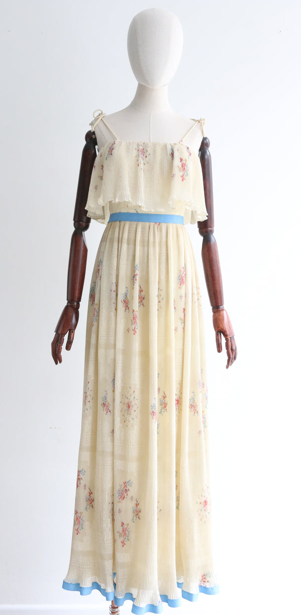 "Floral Flutters" Vintage 1970's Cream & Cornflower Blue Prairie Dress UK 6 US 2