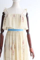 "Floral Flutters" Vintage 1970's Cream & Cornflower Blue Prairie Dress UK 6 US 2