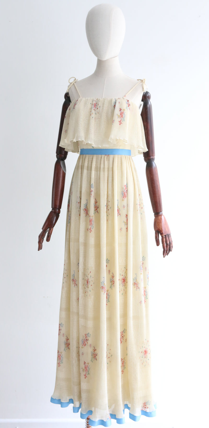 "Floral Flutters" Vintage 1970's Cream & Cornflower Blue Prairie Dress UK 6 US 2