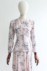 "Silk Floral Scenes" Vintage 1940's Pale Pink Silk Floral Skirt Suit UK 10 US 6