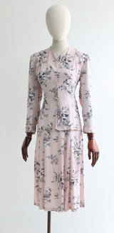 "Silk Floral Scenes" Vintage 1940's Pale Pink Silk Floral Skirt Suit UK 10 US 6