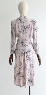 "Silk Floral Scenes" Vintage 1940's Pale Pink Silk Floral Skirt Suit UK 10 US 6