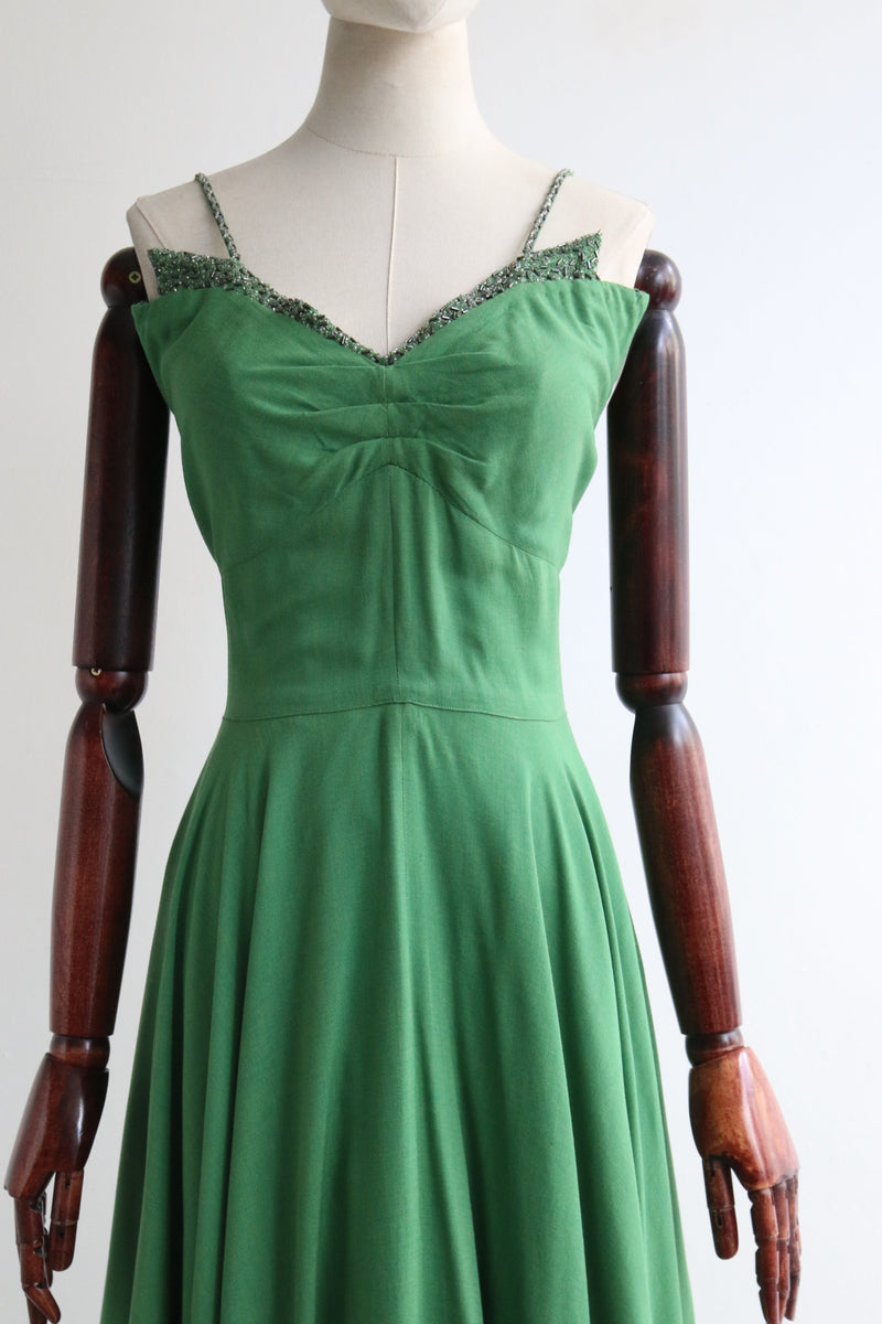 "Jade Green & Silver Beadwork" Vintage 1950's Jade Green Bead Embellished Evening Dress & Bolero UK 12 US 8