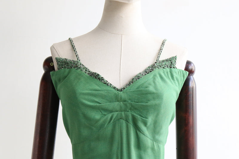 "Jade Green & Silver Beadwork" Vintage 1950's Jade Green Bead Embellished Evening Dress & Bolero UK 12 US 8