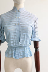 "Pale Blue Pearls" Vintage 1940's Pale Blue Celanese Fabric Blouse UK 8 US 4