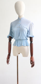 "Pale Blue Pearls" Vintage 1940's Pale Blue Celanese Fabric Blouse UK 8 US 4