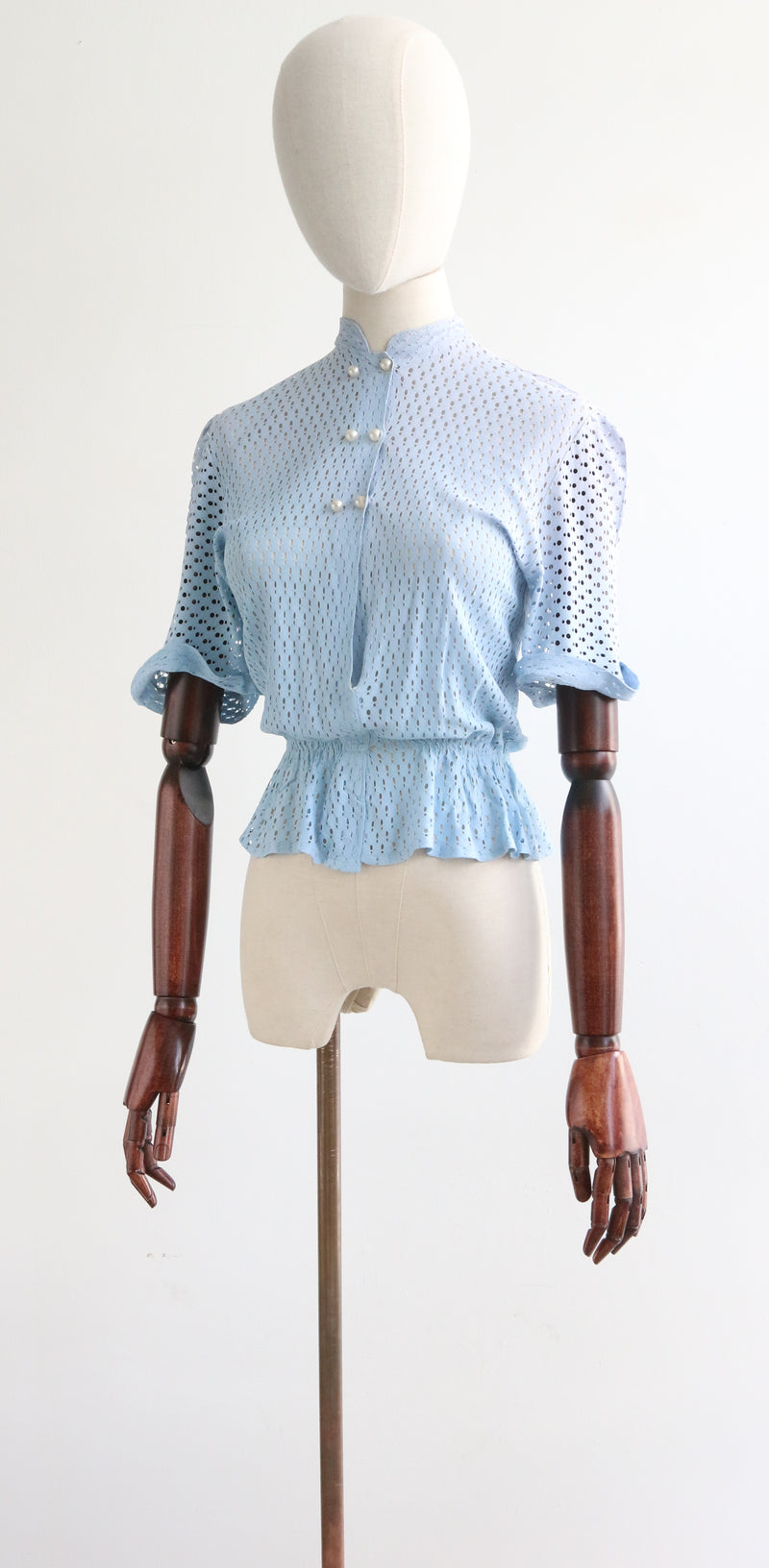 "Pale Blue Pearls" Vintage 1940's Pale Blue Celanese Fabric Blouse UK 8 US 4