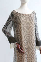 "Silk Chiffon Beads & Fringe" Vintage 1960's Silk Beaded & Fringed Dress UK 10 US 6