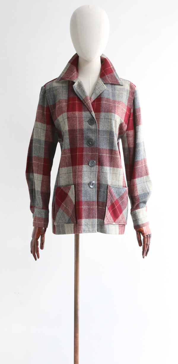 "Burgundy Plaid" Vintage 1940's Plaid Wool Jacket UK 12-14 US 8-10