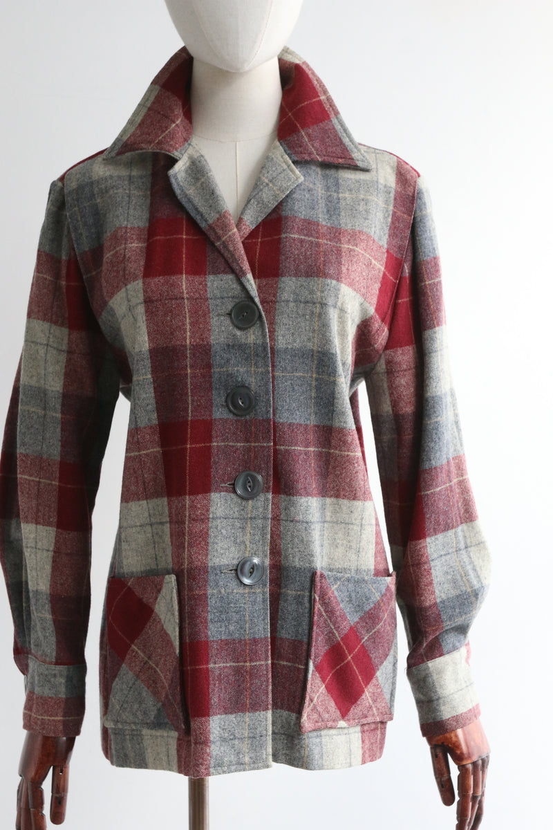 "Burgundy Plaid" Vintage 1940's Plaid Wool Jacket UK 12-14 US 8-10