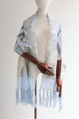 "Ice Blue & Gold" Vintage 1950's woven Silk & Lurex Shawl