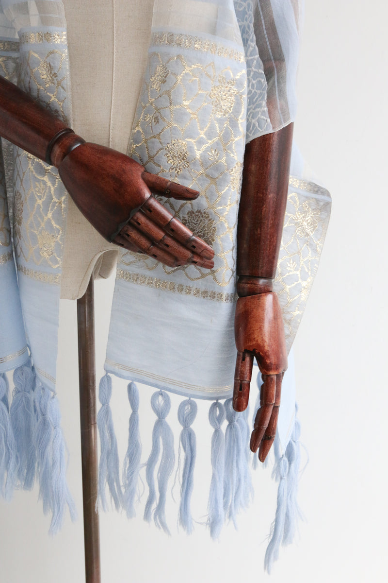 "Ice Blue & Gold" Vintage 1950's woven Silk & Lurex Shawl
