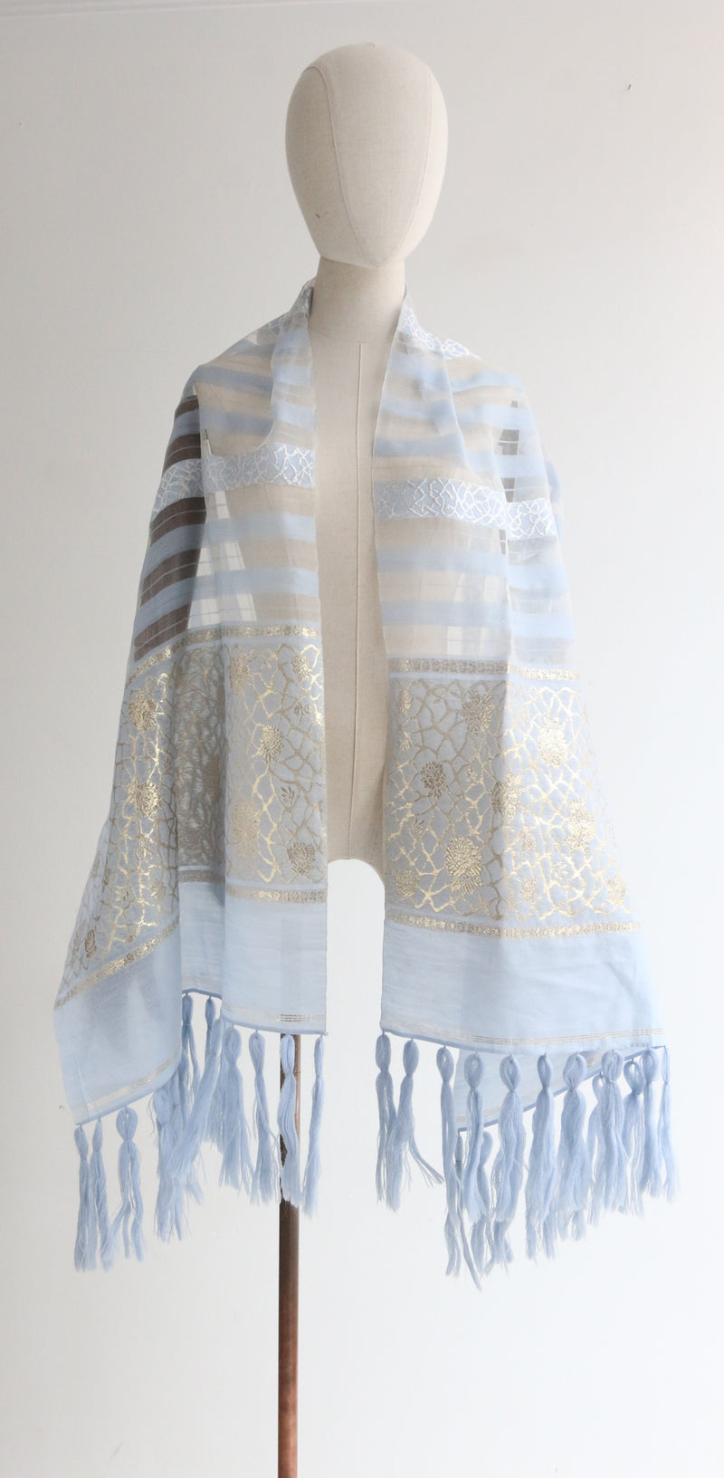 "Ice Blue & Gold" Vintage 1950's woven Silk & Lurex Shawl