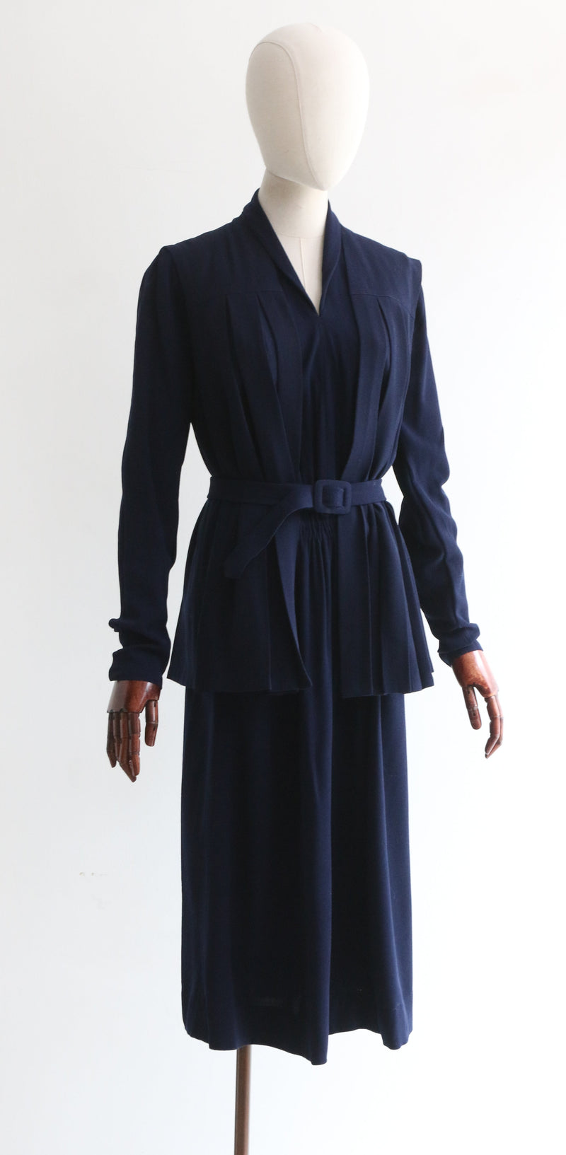 "Deep Navy Pleats" Vintage 1930's Deep Navy Pleated Dress & Waistcoat UK 12 US 8