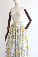 "French Scenes" Vintage 1950's Novelty Print Cotton Skirt UK 12 US 8