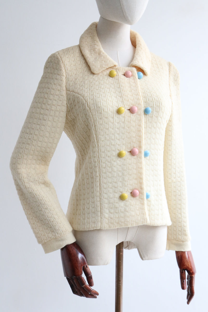 "Pastel Buttons" Vintage 1950's Pastel Button Cream Knitted Cardigan UK 10-12 US 6-8