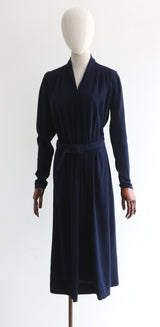 "Deep Navy Pleats" Vintage 1930's Deep Navy Pleated Dress & Waistcoat UK 12 US 8