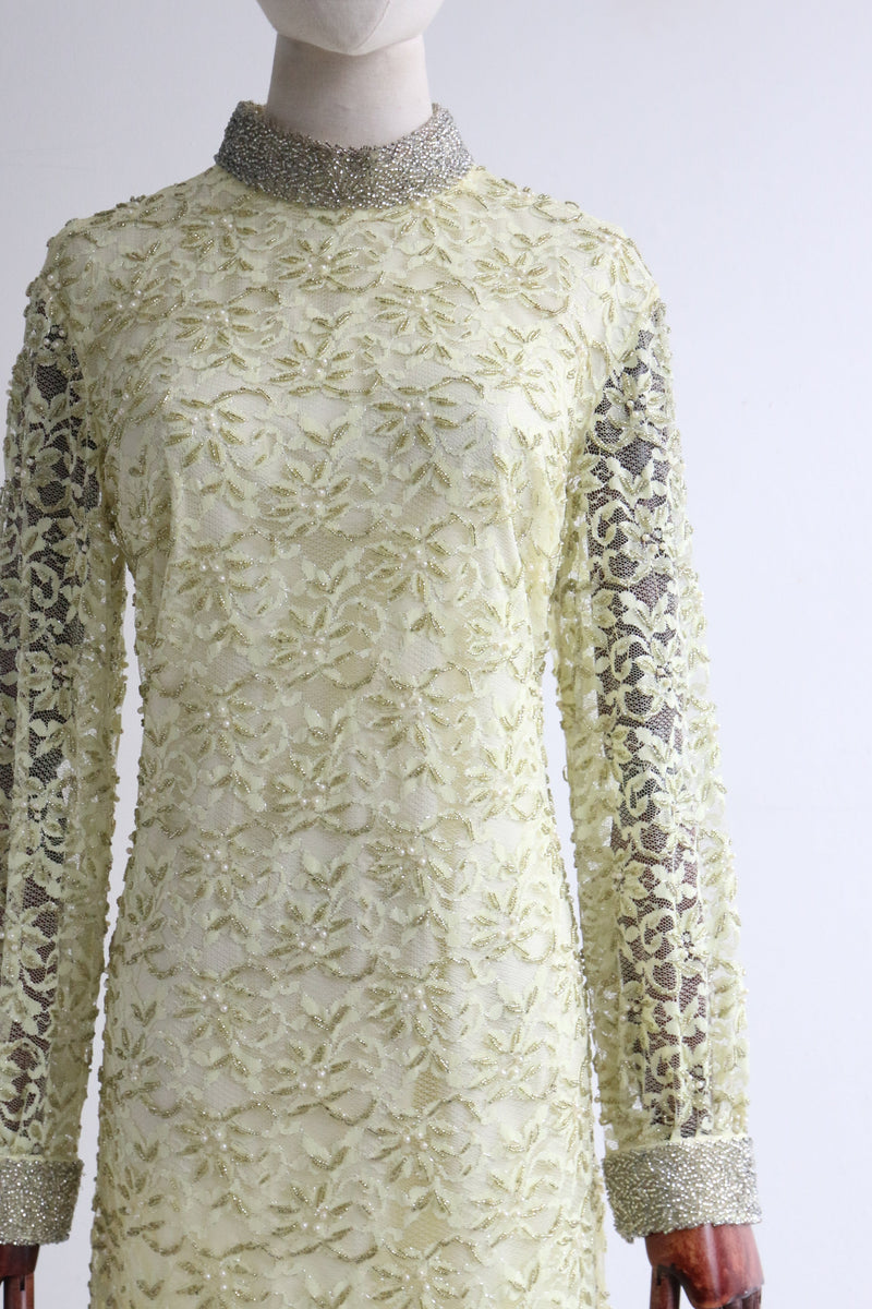 "Pale Yellow & Silver Beadwork" Vintage 1960's Pale Yellow Lace Beaded Dress UK 10-12 US 6-8