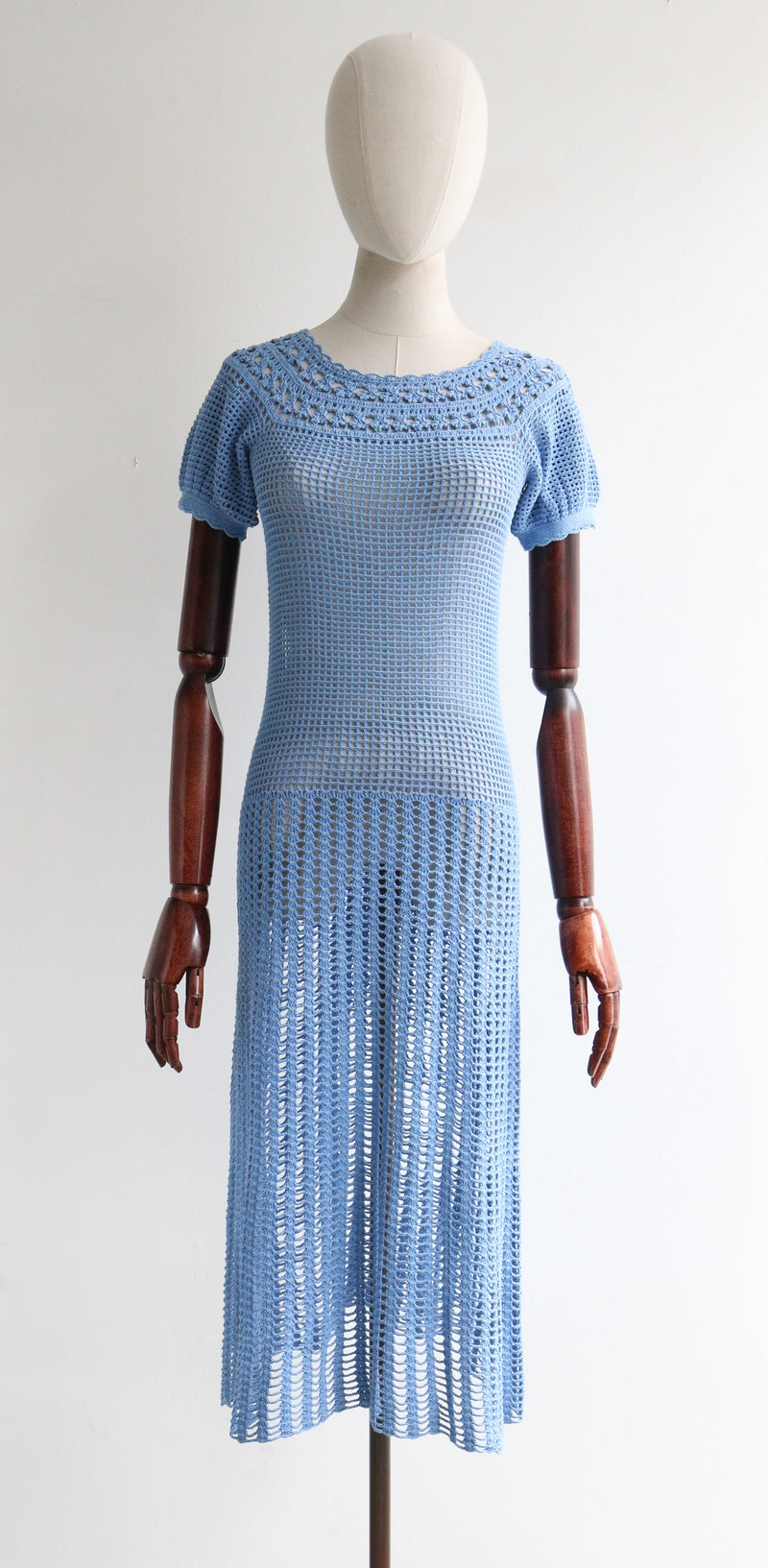 "Faraway Skies" Vintage 1960's Sky Blue Cotton Crochet Dress UK 6-8 US 2-4