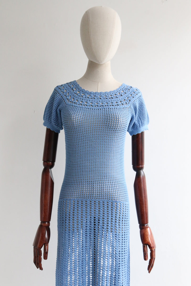 "Faraway Skies" Vintage 1960's Sky Blue Cotton Crochet Dress UK 6-8 US 2-4