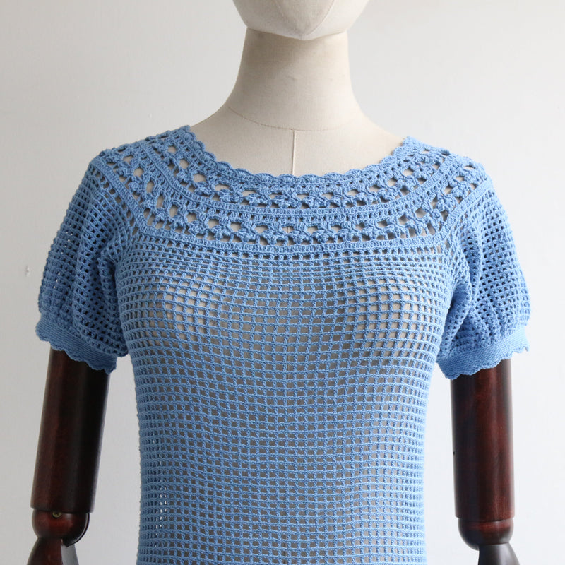 "Faraway Skies" Vintage 1960's Sky Blue Cotton Crochet Dress UK 6-8 US 2-4