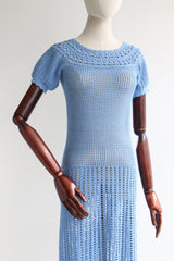 "Faraway Skies" Vintage 1960's Sky Blue Cotton Crochet Dress UK 6-8 US 2-4