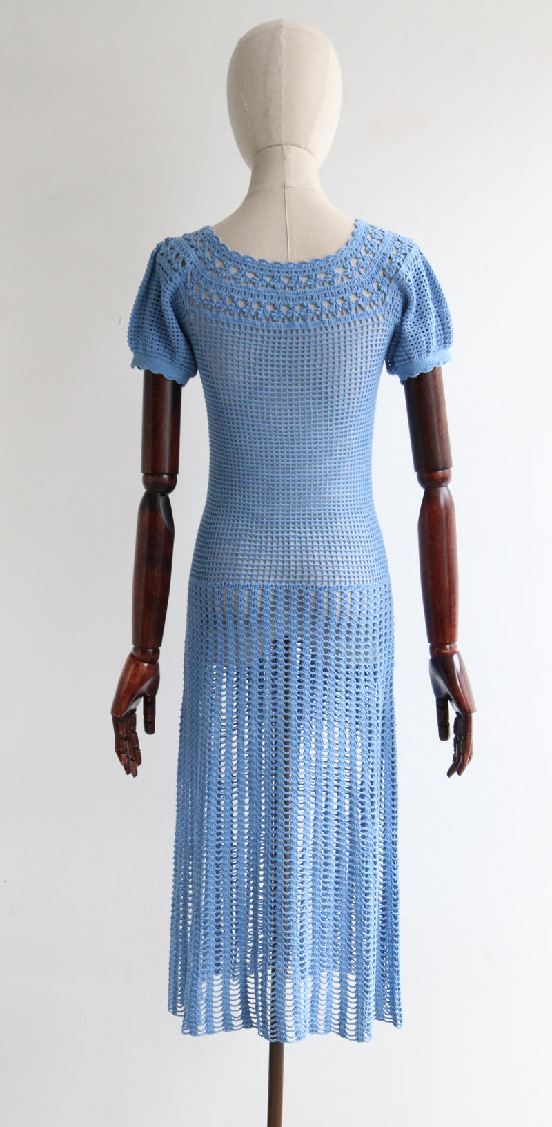 "Faraway Skies" Vintage 1960's Sky Blue Cotton Crochet Dress UK 6-8 US 2-4