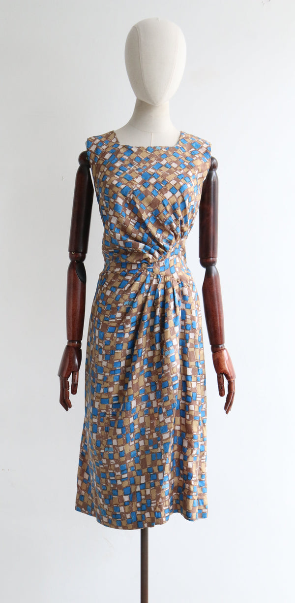 "Silk Pleated Checkers" Vintage 1950's Silk Pleated Check Print Dress UK 12 US 8