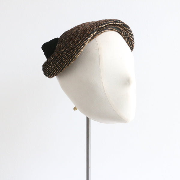 "Madame Dumoulin" Vintage 1930's French Gold Metal & Velvet Hat