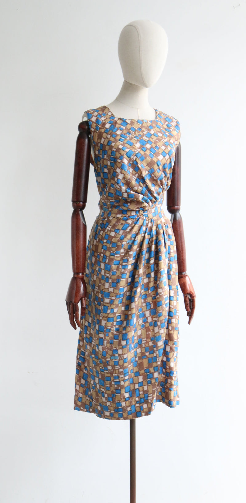 "Silk Pleated Checkers" Vintage 1950's Silk Pleated Check Print Dress UK 12 US 8