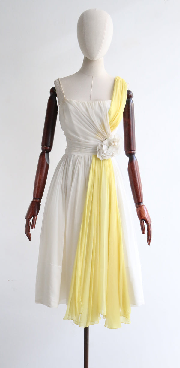 "Silk Chiffon Rose Sash" Vintage 1950's Two Tone Silk Chiffon Dress UK 6 US 2