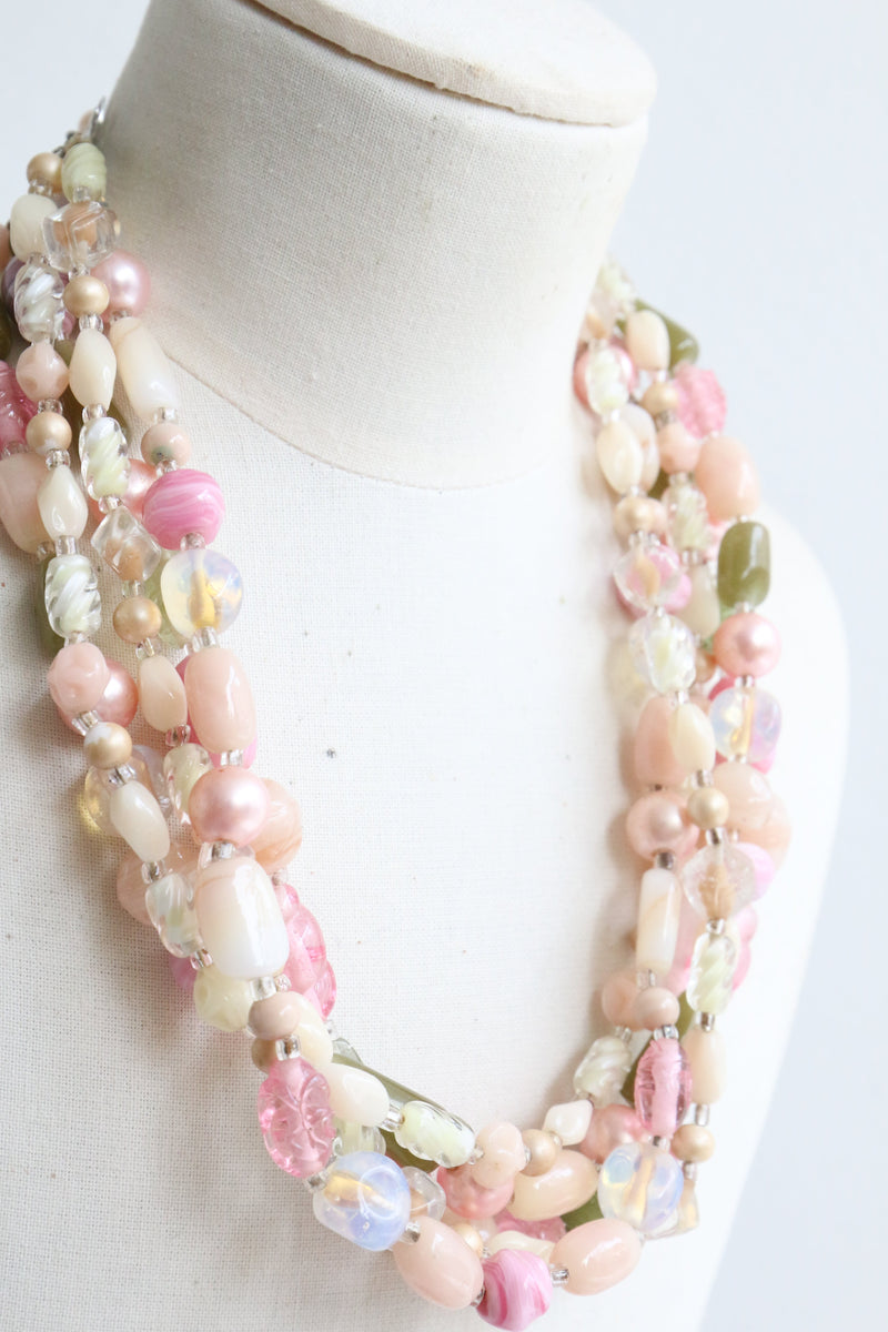 "Marbled Glass" Vintage 1960's Pink & Green Multi-Strand Necklace