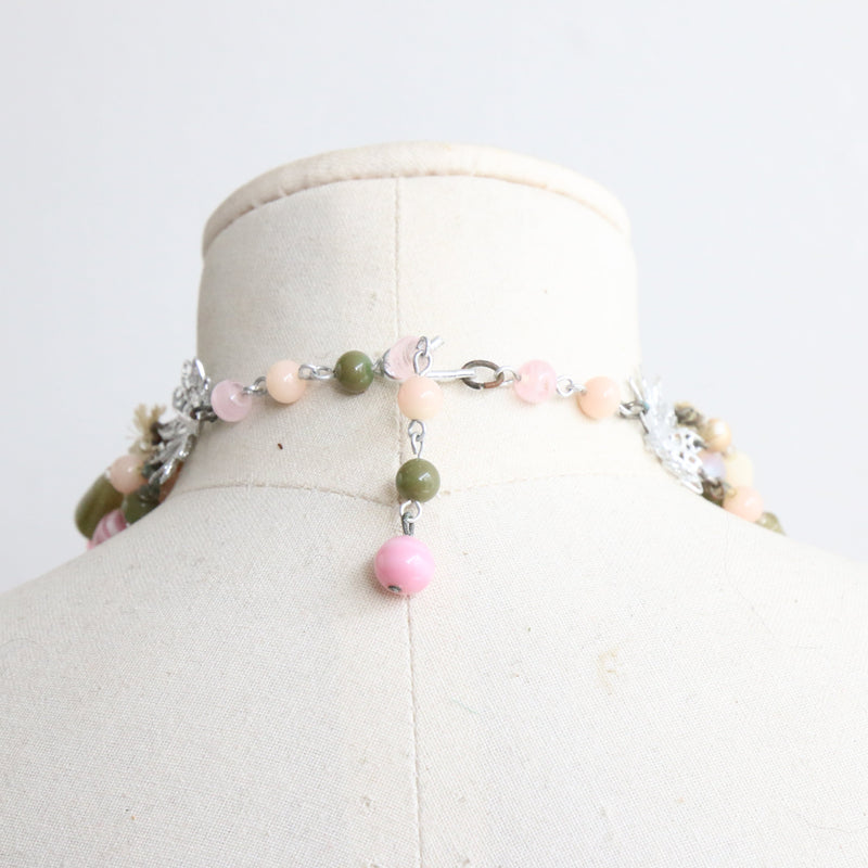 "Marbled Glass" Vintage 1960's Pink & Green Multi-Strand Necklace
