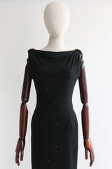 "Grey Pearls & Rhinestones" Vintage 1950's Embellished Wool Dress UK 8 US 4