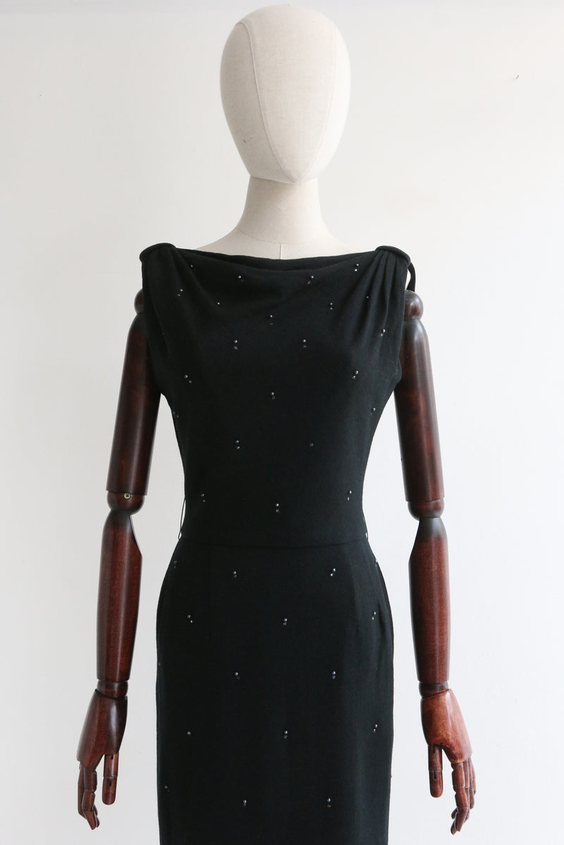 "Grey Pearls & Rhinestones" Vintage 1950's Embellished Wool Dress UK 8 US 4