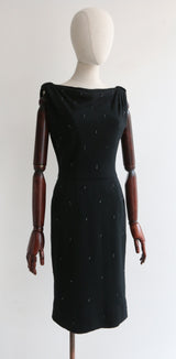 "Grey Pearls & Rhinestones" Vintage 1950's Embellished Wool Dress UK 8 US 4
