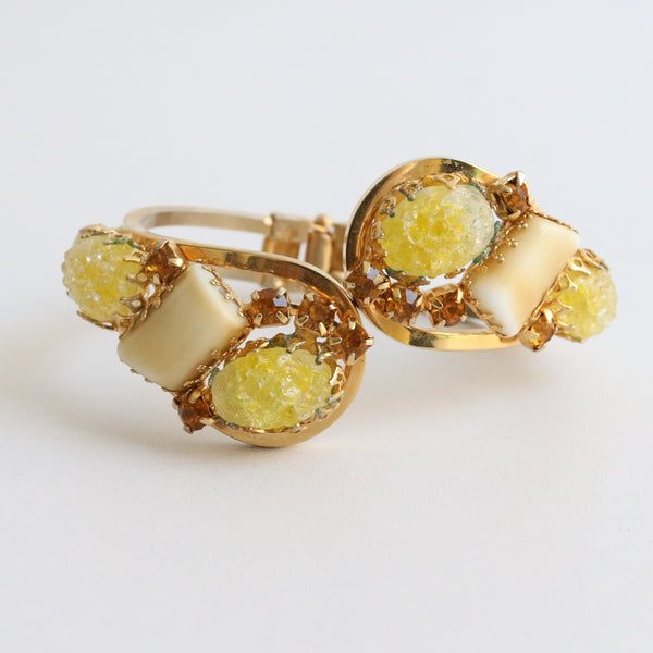 "Lemon & Amber" Vintage 1960's Glass Bead & Rhinestone Clamper Bangle