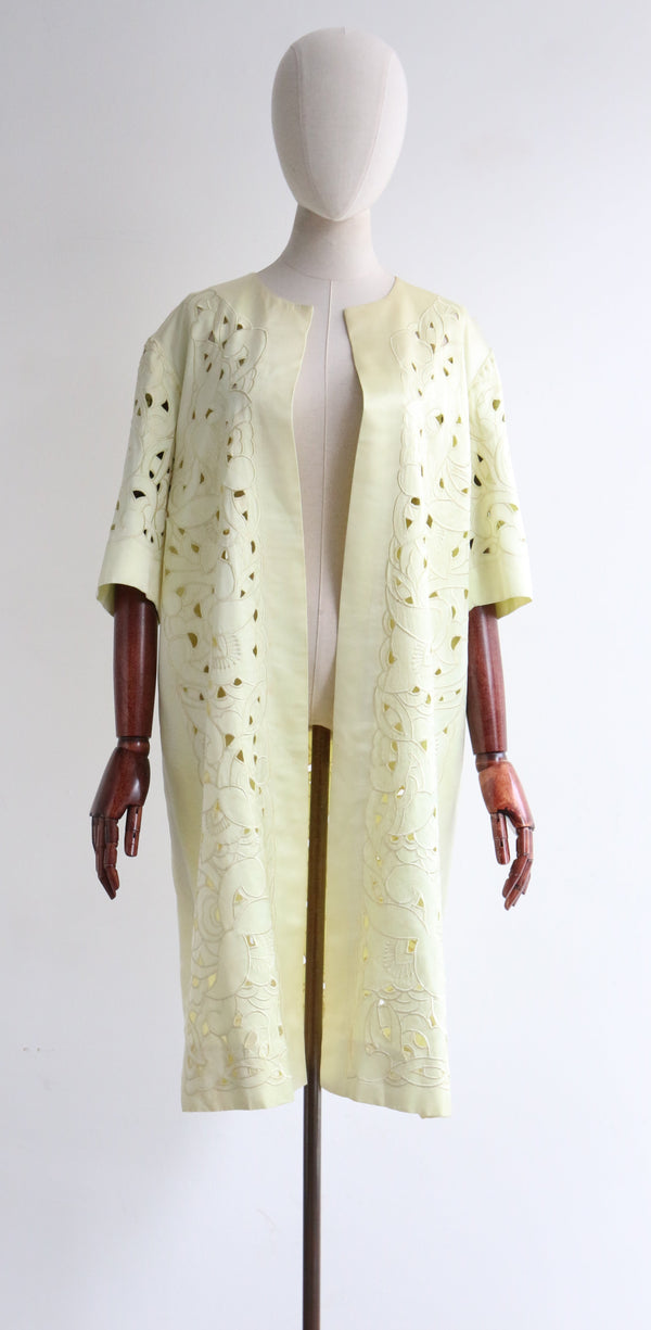"Floral Cut Away Embroidery" Vintage 1960's Pale Yellow Floral Embroidered Coat UK 12 US 8