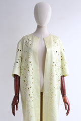 "Floral Cut Away Embroidery" Vintage 1960's Pale Yellow Floral Embroidered Coat UK 12 US 8