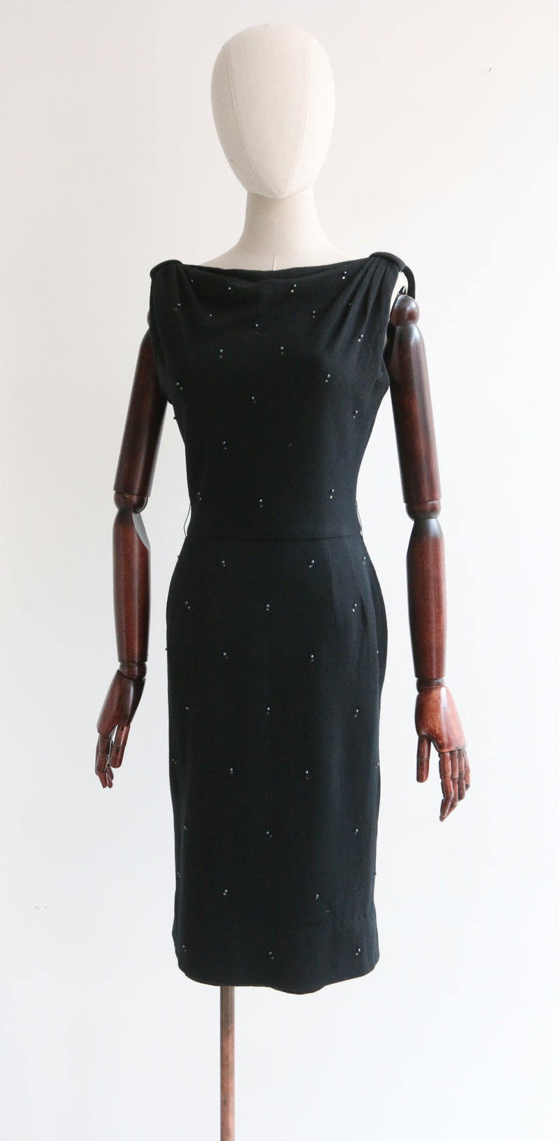 "Grey Pearls & Rhinestones" Vintage 1950's Embellished Wool Dress UK 8 US 4