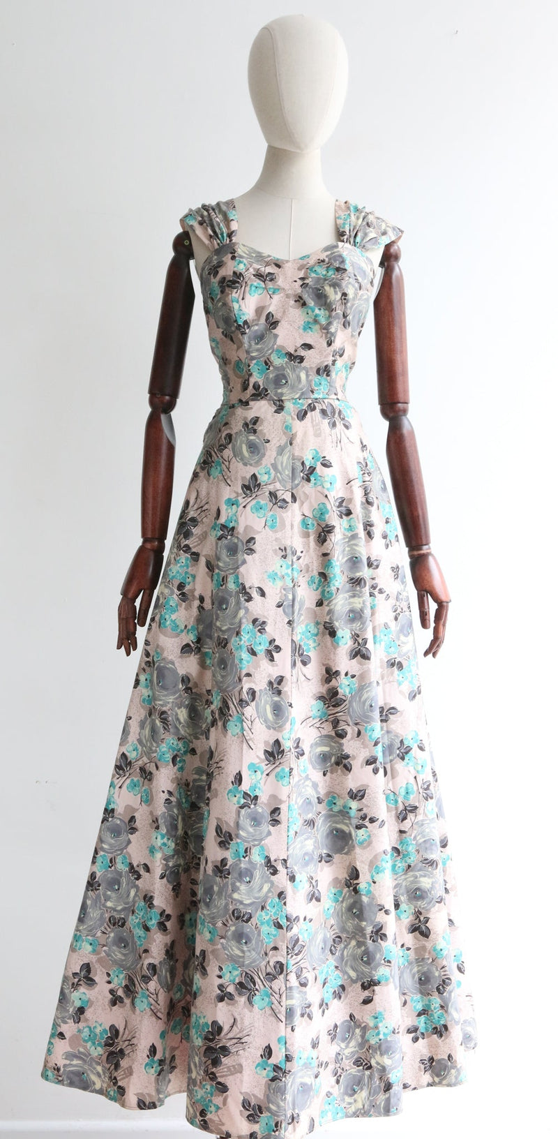 "Blue Roses" Vintage 1950's Cotton Floral Dress UK 10 US 6