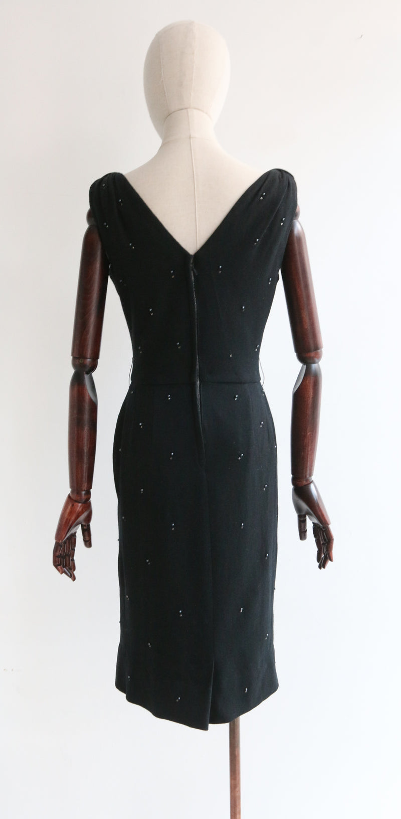 "Grey Pearls & Rhinestones" Vintage 1950's Embellished Wool Dress UK 8 US 4